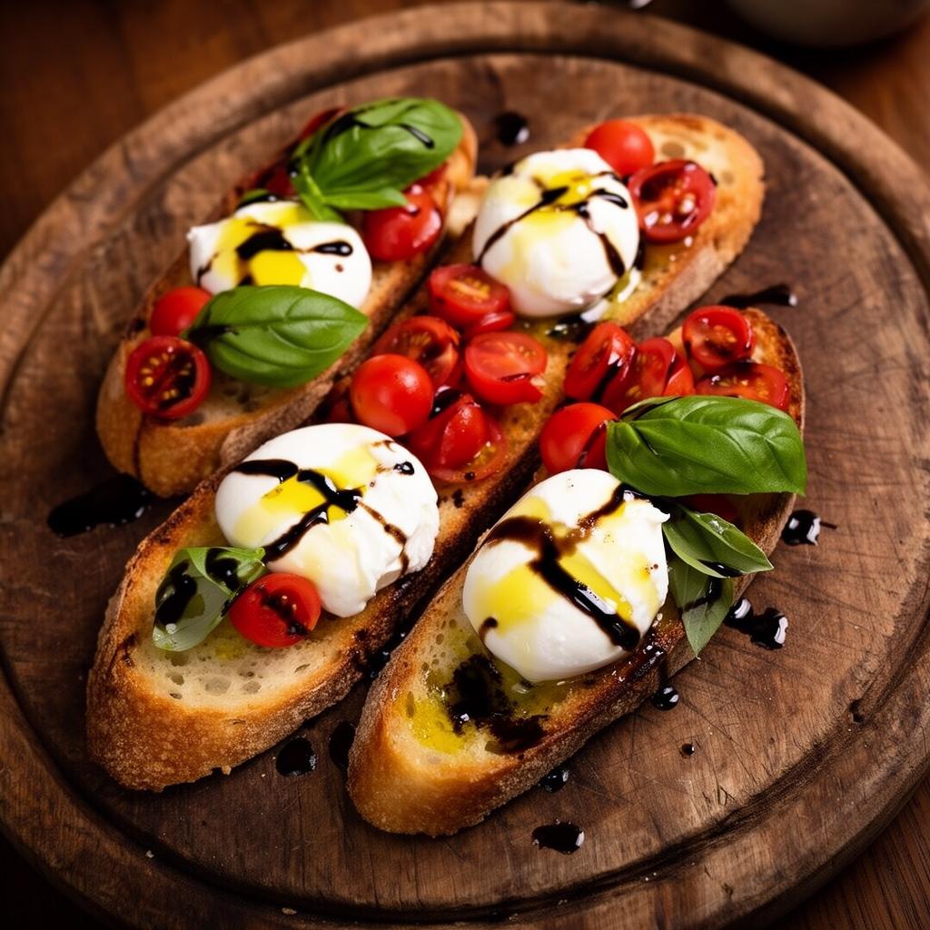 Bruschetta caprese com mussarela, tomate cereja e manjericão