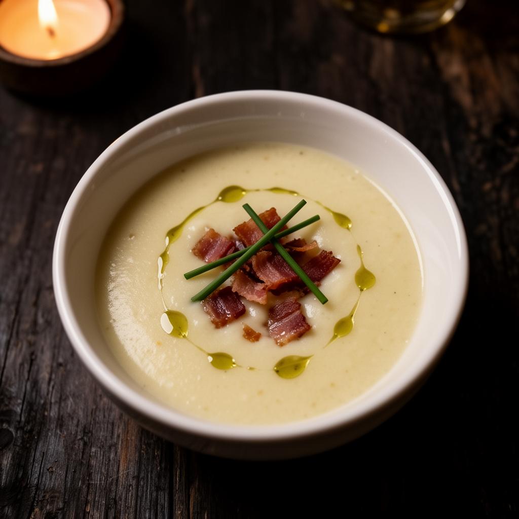 Entrada: creme de batata com bacon crocante e cebolinha