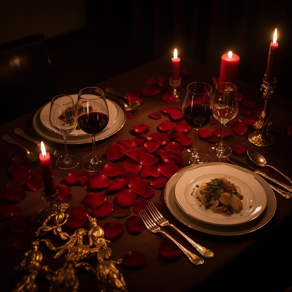 Mesa romântica à luz de velas com pétalas de rosa