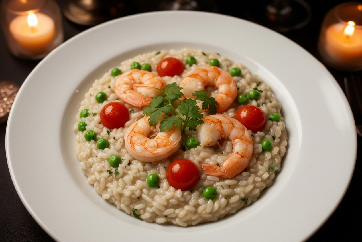 Risoto cremoso de camarão com tomate cereja
