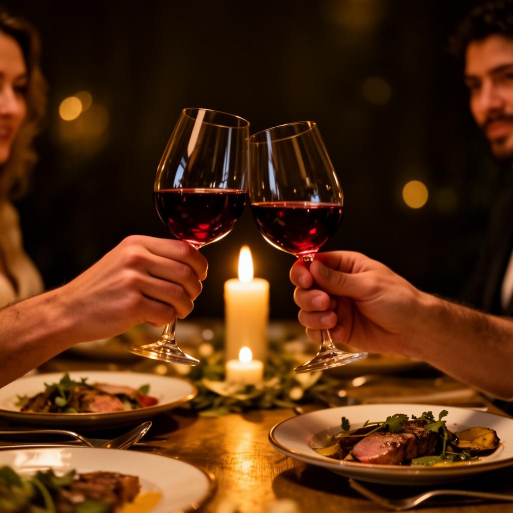 Brinde de taças de vinho em jantar romântico